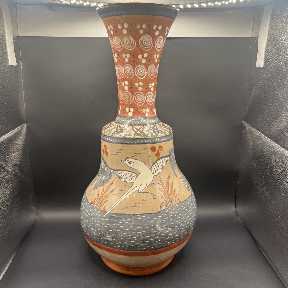 Vintage Tonala Mexico Pottery 14.5" Vase Antonio Mateos Suarez Folk Art